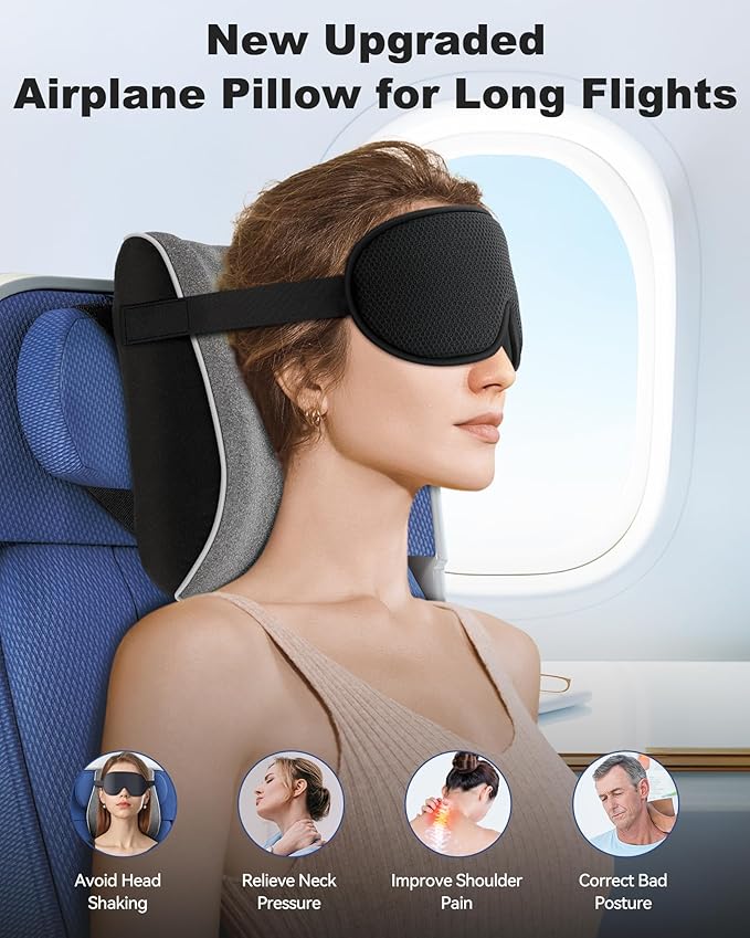 JefDiee Travel Pillows for Airplanes,Travel Pillow with Eye Mask,Prevents Head Forward,Neck Pillow Airplane for Sleeping,Used for Long Flight,Road Trip,Car Headrest
