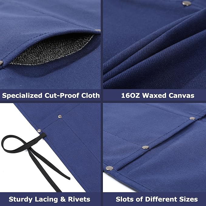 Chef Knife Roll, Heavy Duty 16OZ Waxed Canvas Knife Roll, 4 Slots Knife Bag with Professional Cut Resistant Fabric, Blue (21.5"L x 17.5"W)