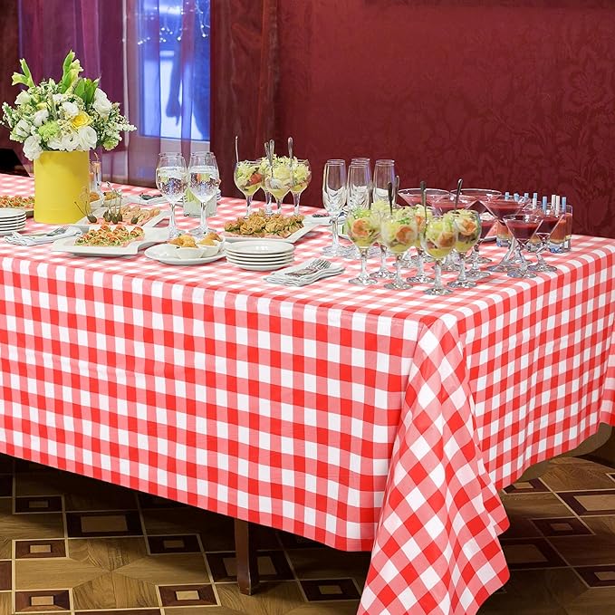 54 Inch x 300 Ft Red Checkered Plastic Table Cloth Roll Disposable Waterproof Table Cover with Easy Slide Cutter for Outdoor Picnic/Home Dining/Spring Party