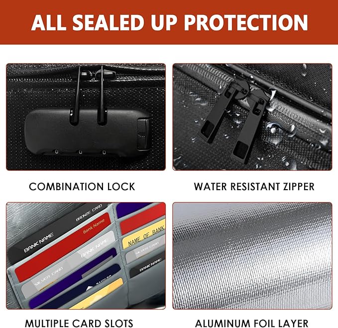 ROLOWAY Fireproof Document Bag (14.5 x 11.5 inch), 6400℉ Fireproof Money Bag with Zipper for Cash, Fire Safe Money Pouch with Lock (Black)