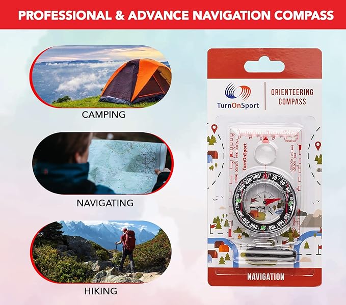 TurnOnSport Orienteering Compass - Advanced Scout Compass for Hiking, Camping, and Backpacking - Best Survival Gifts for Kids
