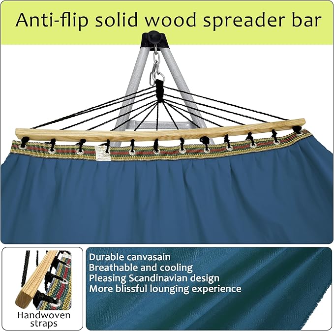 Tranquillo Ultimate Relaxation Portable Hammock Stand, Foldable Hammock Stand with Canvas Hammock, Spreader Bar, Quick Fold Unfold in 30 Seconds Steel Frame Hammock 600 lbs Capacity, White/Blue