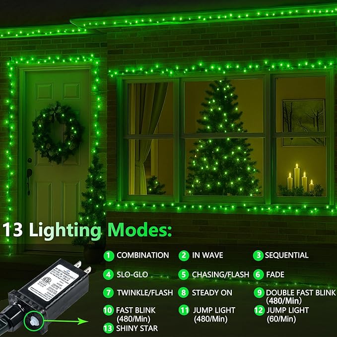 Upgraded Connectable 200 LED String Lights Indoor Outdoor, 66FT Green Halloween Lights Waterproof, 13 Modes Twinkle Fairy Lights Plug in Clear Wire for St. Patrick's Day, Bedroom, Classroom Decor