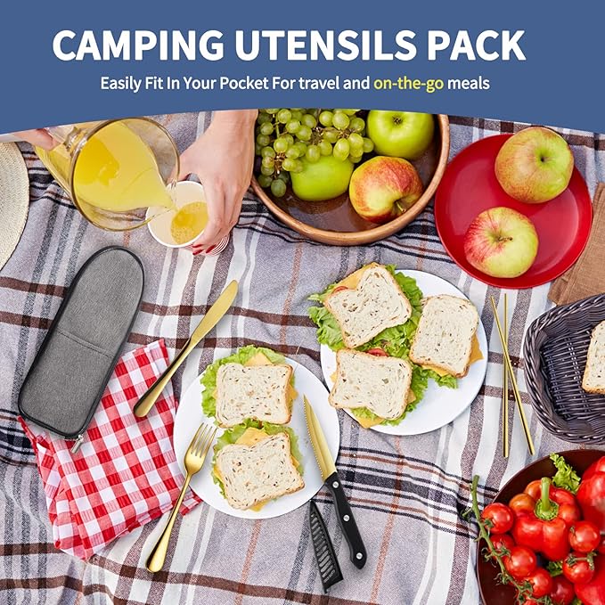Travel Utensils with Case,Reusable Utensils,Portable Travel Camping Cutlery Set,Stainless Steel Flatware Set,Lunch Boxes Workplace Camping School Picnic (Gold)