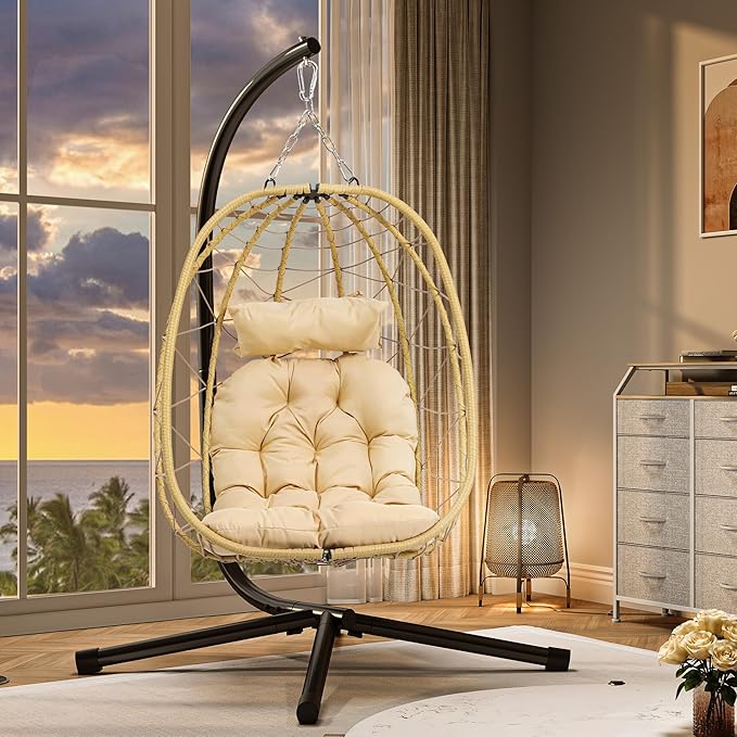 YITAHOME Hanging Egg Chair with Stand Swing Chair Wicker Indoor Outdoor Hammock Egg with Cushions 330lbs for Patio, Bedroom, Garden and Balcony, Single, Beige