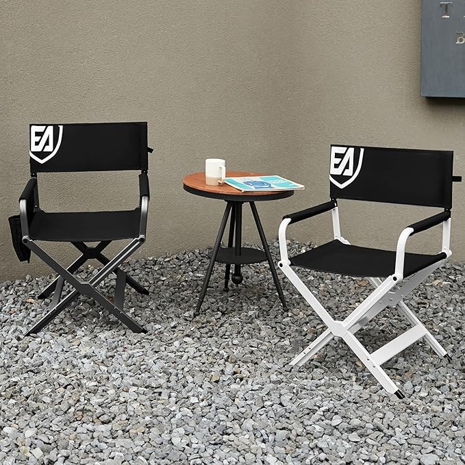 EVER ADVANCED Aluminum Directors Chair, Folding Studio Movie Chairs Camping Event Vendor Chair, 19" Seat Height Black Fabric/White Frame, Support 350lbs