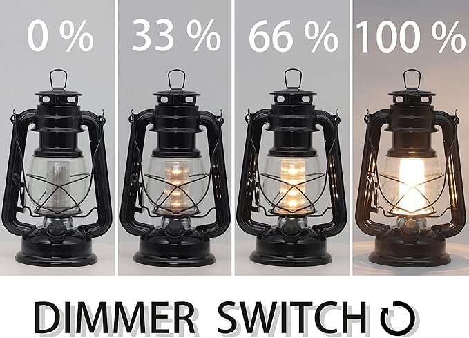 YAKii LED Vintage Lantern Metal Hanging Hurricane 12 LED Dimmer Switch Warm White Battery Operated Power Outage Indoor Camping Lighting Outdoor Brooklyn Decoration(Black)