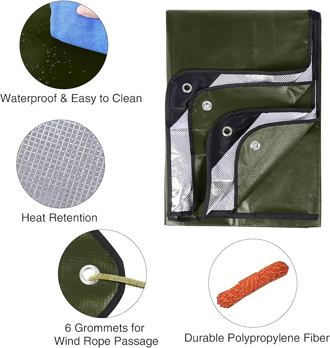 RedSwing 2 Pack Heavy Duty Waterproof Emergency Thermal Tarp, Insulated Survival Blanket for Outdoor Camping, Hiking, and Emergency Shelter, Green