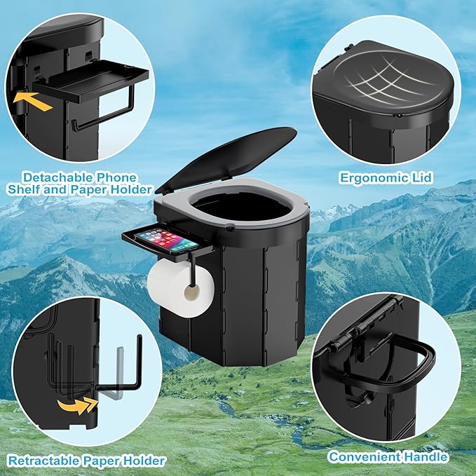 Portable Camping Toilet with PU Cushion, Folding Toilet for Adults with Phone Shelf and Toilet Paper Holder, Camping Porta Potty with Lid for Camping, Hiking, RV Travel, Road Trips