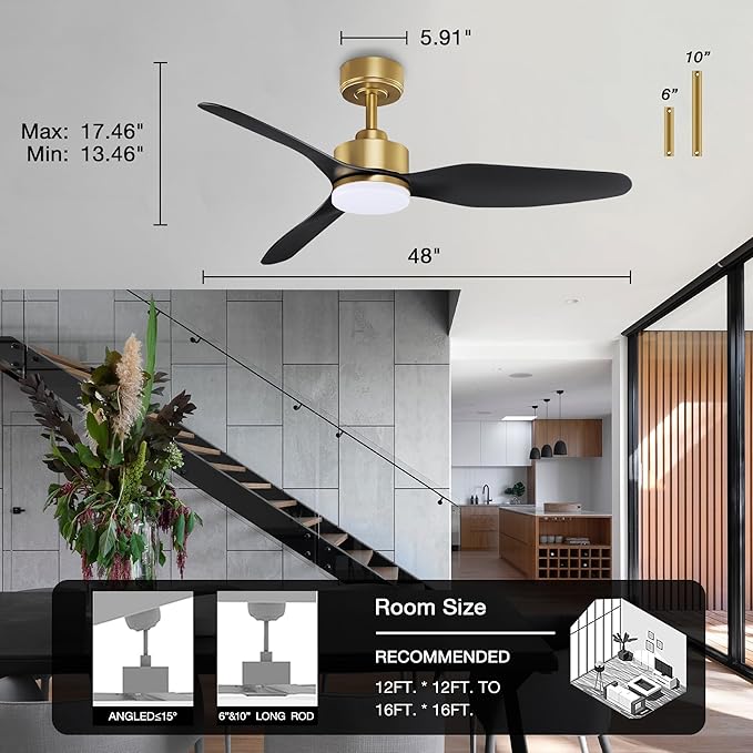 48 Inch Smart Ceiling Fans with LED Lights Remote,Quiet DC Motor,Dimmable,Outdoor Indoor Gold Black Ceiling Fan Controlled by WIFI Alexa App,for Modern Bedroom Living Room Patio Porch