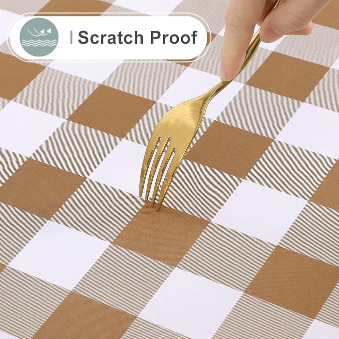 misaya Rectangle Waterproof Vinyl Table Cloth, Buffalo Flannel Backed Tablecloth, Wipeable Plastic Table Cover for Dinner, Kitchen, Outdoor (60" x 84", Brown and White)