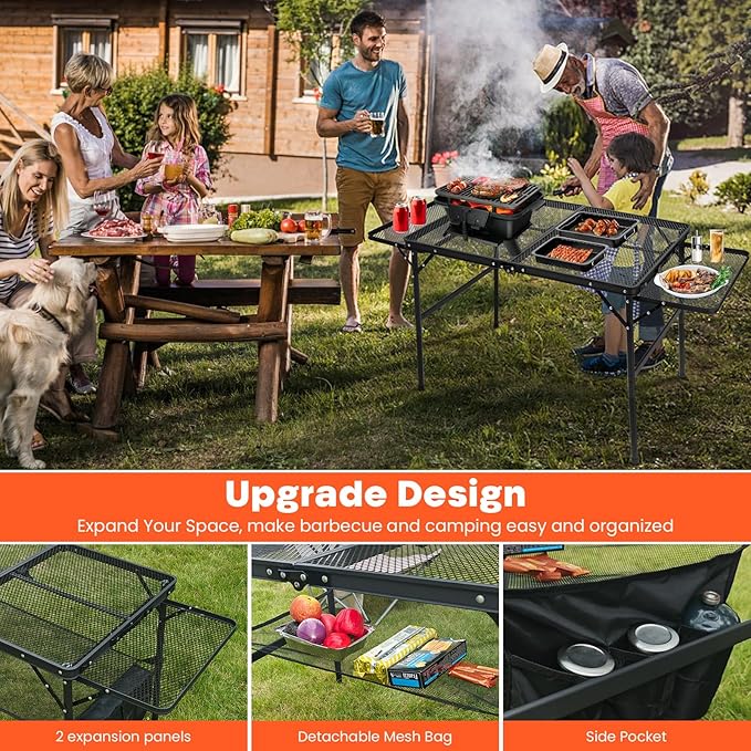 Portable Grill Table with 2 Wing Panels, Height Adjustable Folding Table with Mesh Bag, 140lbs 3Ft Folding Outdoor Table for Camping, BBQ, RV, Picnic & Beach Outdoor Adventures, 35"L x 23"W