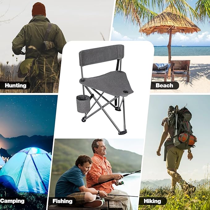 REDCAMP 2 Pack Tripod Camping Chairs Folding Lightweight, Portbal 3 Legged Tripod Stool Seat with Cup Holders, Small Fishing Chairs Compact for Adults Golf, Hunting,Dark Grey