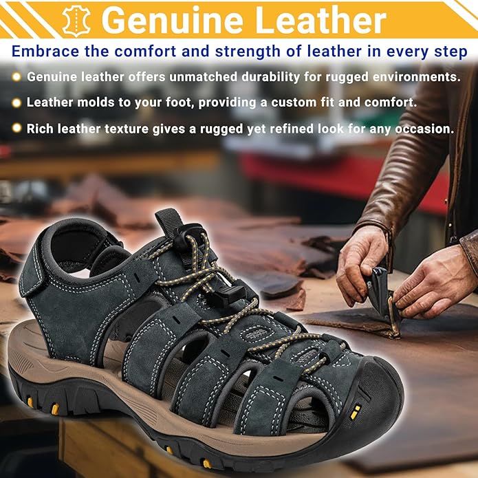 Men's Sport Sandals Closed Toe Leather Hiking Athletic Walking Outdoor Beach Trail River Fishing Water Shoes Lightweight Comfortable Waterproof