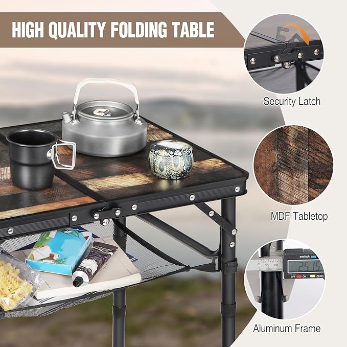 RedSwing Small Folding Table with Side Pocket Adjustable Height, Lightweight and Portable Aluminum Frame Camping Table for Outdoor Indoor Picnic, 2 Feet, Brown Wide Wood Grain