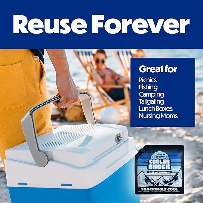 Cooler Shock Reusable Ice Packs for Cooler - Long Lasting Cold Freezer Packs for Coolers and Lunch Boxes - Cooler Ice Packs for Camping Gear, Fishing, Road Trips, Beach Must Haves