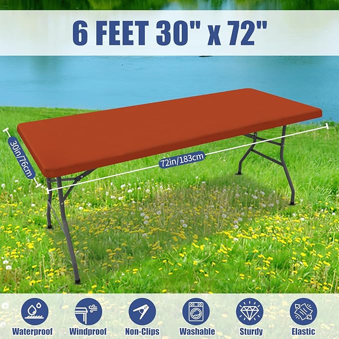 Spandex Picnic Table Cloth 2 Pack, Elastic Fitted Tablecloths for 6 Foot Rectangle Tables, Stretch Washable Patio Table Cover for Outdoor, Camping, Banquet and Parties (Rust, 30"x72")