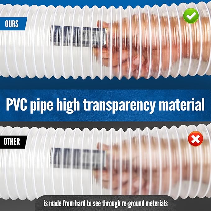 Heavy PVC 4" x 10' Dust Collection Hose,Flexible Clear Debris and Fume Collection Hose with Stainless Steel Clamps for Dust Collectors with 4" Ports, Ideal for Shop Vacuums