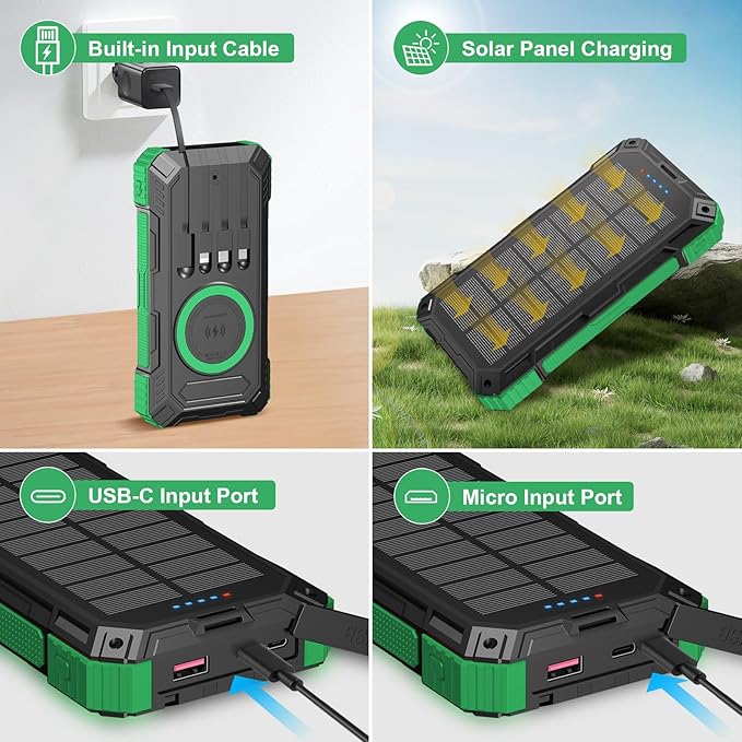 Solar Charger Power Bank 49800mAh Wireless Portable Phone Charger, 22.5W QC3.0 Fast Charging Built in 4 Cables with USB C 6 Outputs & 2 Inputs for Cell Phone