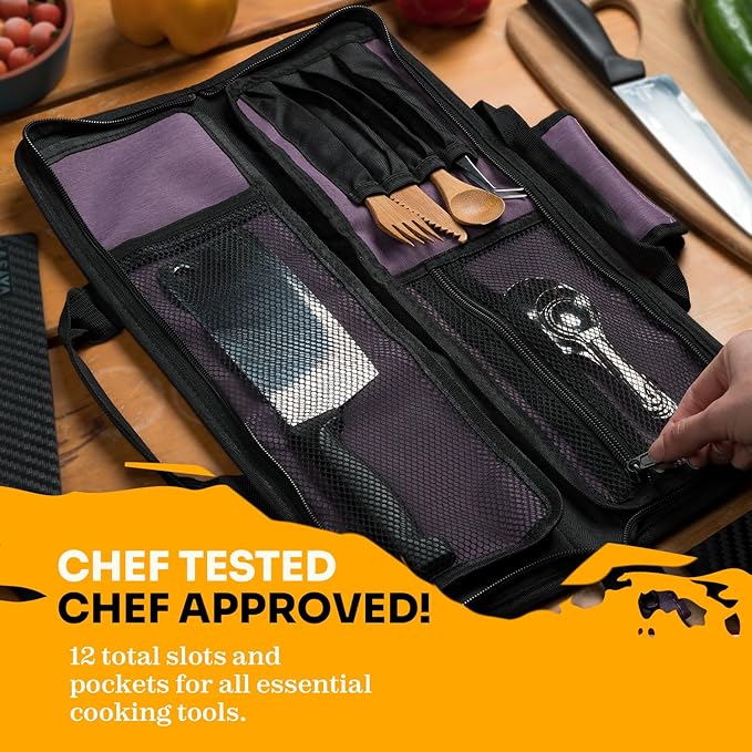 Asaya Chef Knife Roll Bag - 12 Pockets for Knives and Kitchen Utensils - Lightweight, Durable, and Stain Resistant Nylon - Perfect for the Traveling Chef - Knives not Included (Purple)
