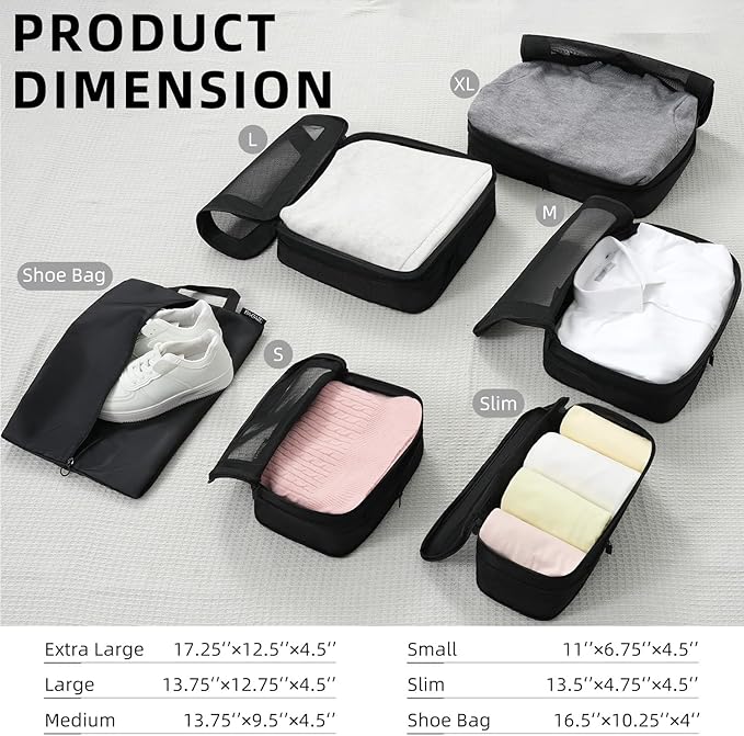 BAGAIL 4 Set/6 Set/8 Set Compression Packing Cubes Travel Accessories Expandable Packing Organizers (Square Mesh, 05-Black)