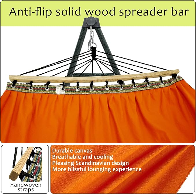 Tranquillo Sturdy Steel Hammock with Stand Premium Cotton Canvas Hammock, 600 lbs Capacity Hammock Stand Folding, Portable 30-Second Fold Unfold Hammock for Camping, Orange