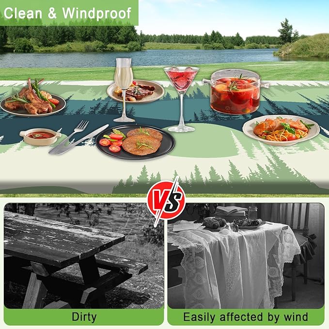 Picnic Table Cover with Bench Covers Tablecloth with Elastic Edges Waterproof Windproof Camping Essentials, Fitted Rectangle Tables and Seats, Drawstring Bag, 60in, Blue Green