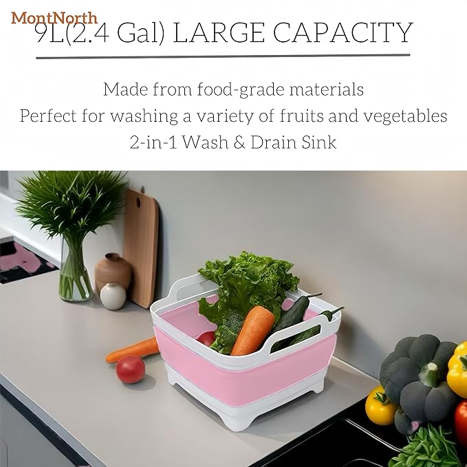 Collapsible Wash Basin 9L, Foldable Dish Tub with Drain Plug, Portable Collapsible Dish Basin, Camping Sink for Washing Dishes, Laundry & Kitchen Use (Pink)