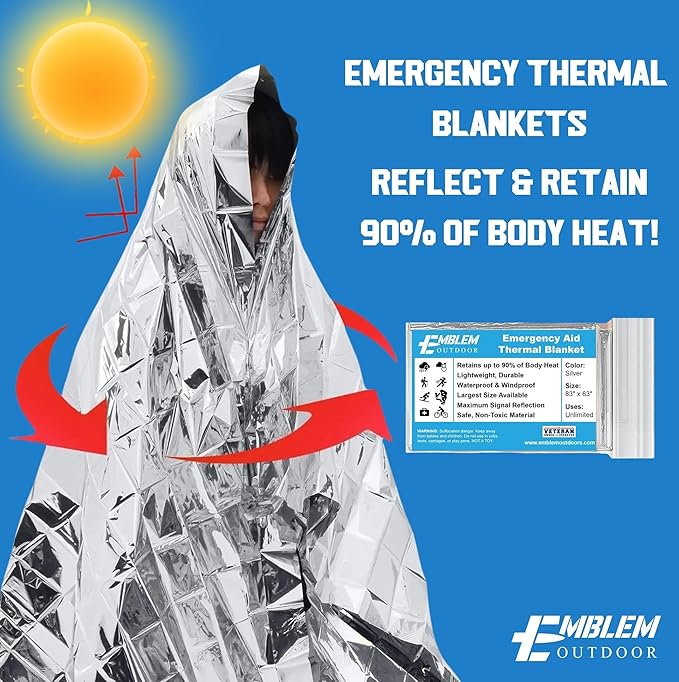 Thermal Emergency Blanket for Survival, Hiking, Camping, First Aid, and Bug Out Bag for Protection from Cold, Rain, and Weather Exposure. Extra Large Mylar-Survival Blanket for Car, Outdoors (6-Pack)