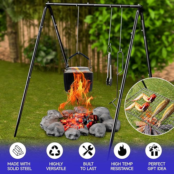 Grill Swing Campfire Cooking Stand, BBQ Grill for Cookware, Bruntmor Dutch Oven Adjustable Collapsible Legs with Hooks and Accessories