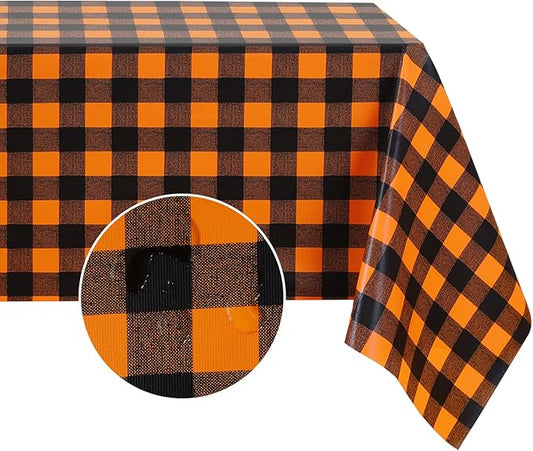 Romanstile Rectangle Vinyl PVC Tablecloth, 100% Waterproof Buffalo Plaid Plastic Table Cloth, Oil Proof Heavy Duty Wipeable Table Covers for Dining/Camping/Picnic/Outdoor - 54 x 78, Black and Orange