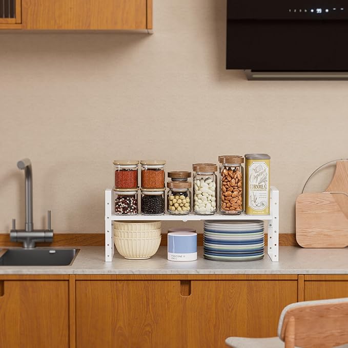 Expandable Spice Rack, Stackable Metal Pantry Storage Shelves Stand, Adjustable Height Cabinet Shelf Organizer Racks(1PACKS/WHITE,LARGE)