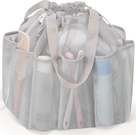 Mesh Shower Caddy Portable with Drawstring, Dorm Room Essentials for College Students, Grey Shower Bag for Camping,Swimming,Gym,Travel,Bathroom