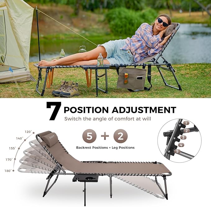 KingCamp Folding Chaise Lounge Chair for Outside Beach, Sunbathing, Patio, Pool, Lawn, Deck, Lay Flat Camping Reclining Lounge Chair with Pillow & Side Table （1 Pack, Beige）