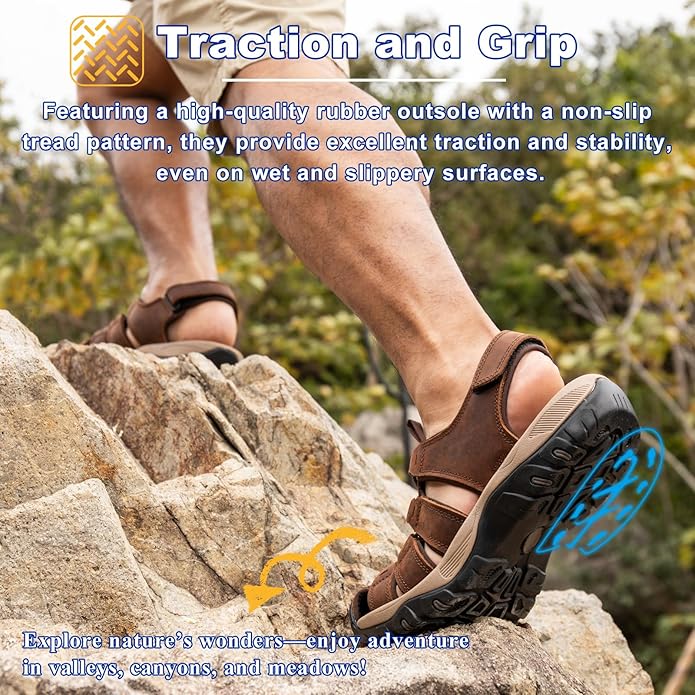 Men's Sport Sandals Closed Toe Leather Hiking Athletic Walking Outdoor Beach Trail River Fishing Water Shoes Lightweight Comfortable Waterproof