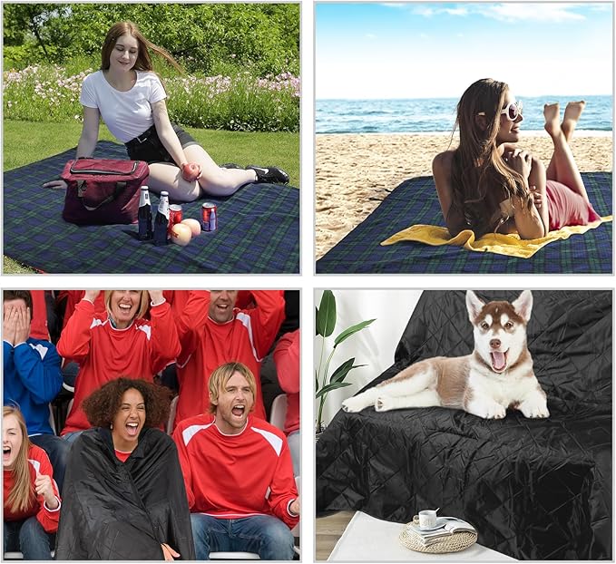 REDCAMP Extra Large Waterproof Stadium Blanket for Cold Weather, Soft Warm Fleece Camping Blanket Windproof for Outdoor Picnic Sports, 79”x 79” Green Grid