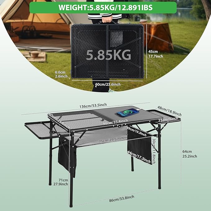 Nice C Camping Table, Grill Table, Tailgate Tables, Solar Panel Tables with USB, Type-C&DC Charging Cable, 42W Portable Solar Charger, 2 Side Shelves, Height Adjustable with Mesh Net&Cup Holders