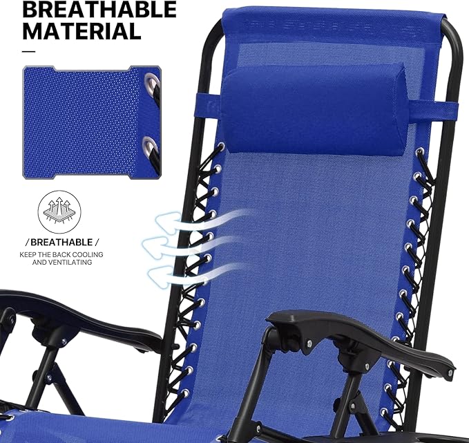 MoNiBloom 3 Pack Lounge Beach Chairs for Outside, Zero Gravity Camping Chairs with Side Table, Pillow and Tray, 330lbs Capacity, Blue