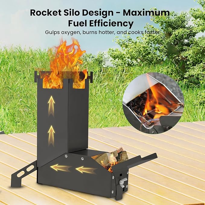 Portable Rocket Stove Camping Stove - GEEKHOM Mini Stainless Steel Folding Wood Burning Stove w/Storage Bag & Gloves, High-Efficiency for Camping, Hunting, Fishing, Picnic, BBQ