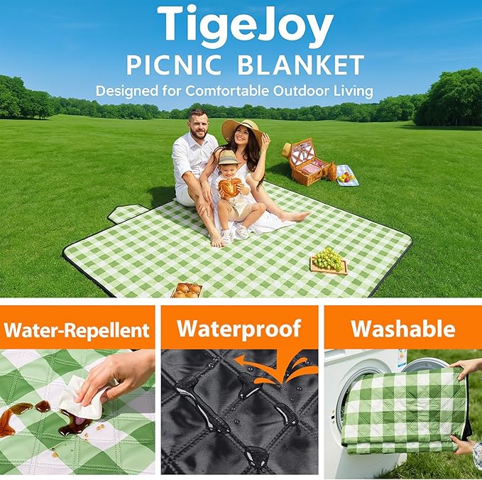 TigeJoy Extra Large Picnic Blanket Waterproof Foldable 80''x118'', Outdoor Picnic Mat Beach Blanket Sandproof for Park, Grass, Travel, Hiking, Camping Essentials, Gingham Picnic Blanket
