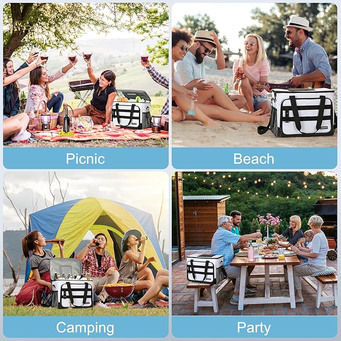 Soft Cooler Bag, 30 Cans Collapsible Cooler with Adjustable Shoulder Straps, White Ice Chest for Camping, Beach, Hiking, Picnic