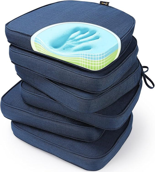 SUNROX Gel Memory Foam Chair Cushions, FadeShield Water-, Stain-Resistant Durable Reversible Seat Cushion Pads with Ties for Indoor/Outdoor Kitchen Dining Office 17"x16" Set of 6, Navy