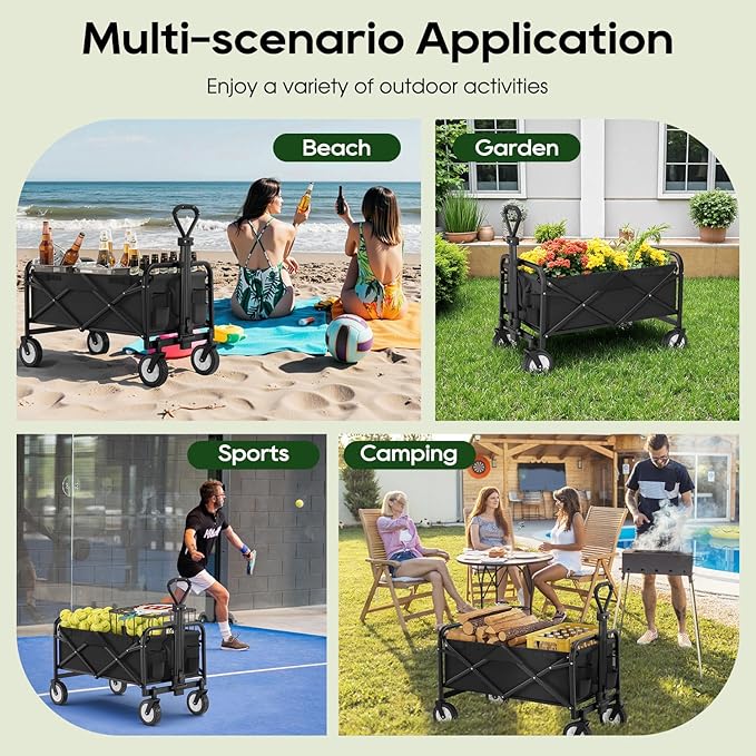 PayLessHere 38" Collapsible Wagon Folding Foldable Garden Cart with Large Capacity, 330 LBS Capacity Portable Utility Wagon Cart Heavy Duty for Beach Camping Shopping Garden,Black