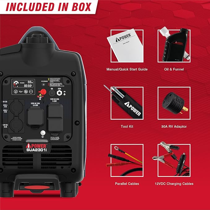 A-iPower Portable Inverter Generator, 2300W RV Ready, EPA & CARB Compliant CO Sensor, Portable Ultra-Light Weight For Backup Home Use, Tailgating & Camping (SUA2301i)