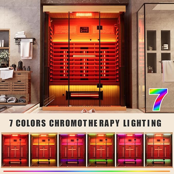 Full Spectrum Infrared Sauna，2-3 Person Home Sauna，Wooden Canadian Hemlock Indoor Spa Sauna with Resonance Speaker, Panoramic Tempered Glass Door
