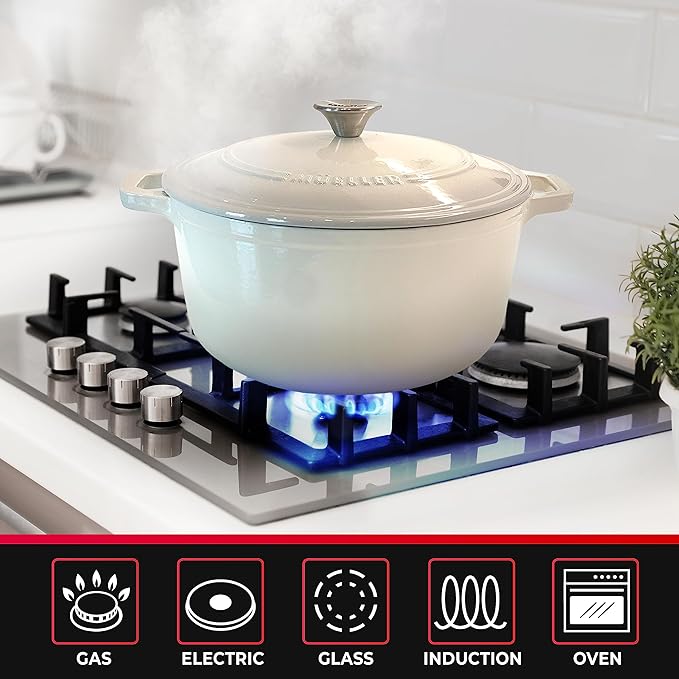 Mueller 6qt Enameled Cast Iron Dutch Oven, Heavy-Duty Casserole and Braiser Pan with Lid and Knob, Oven-Safe up to 500° F & Across All Cooktops, White