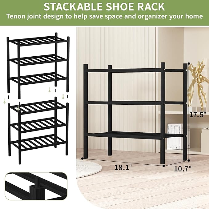 3-Tier Bamboo Small Shoe Rack, Free Standing Wood Shoe Shelf Storage Organizer for Closet Entryway Stackable (Black)