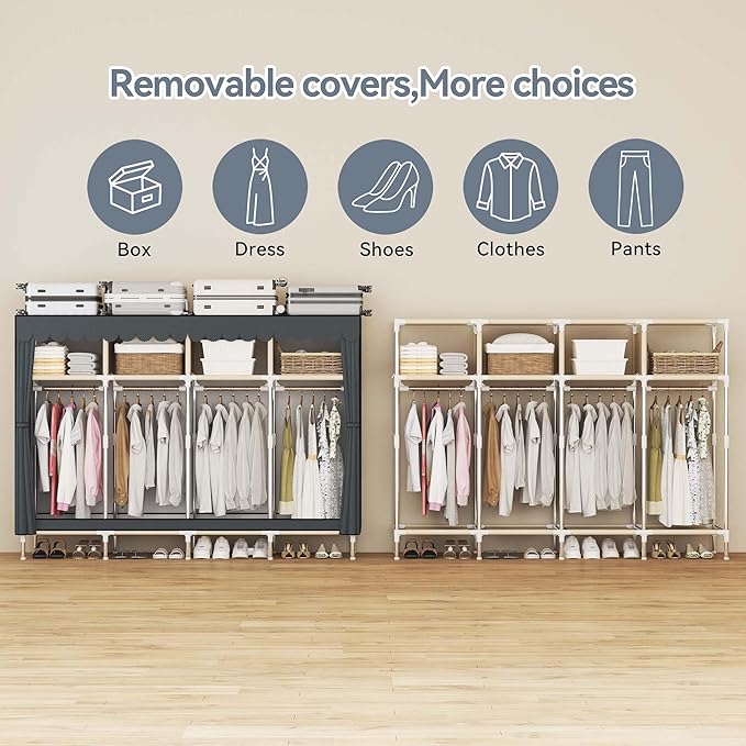 Portable Wardrobe Closet Durable and Easy to Assemble Heavy Duty Clothes Rack with Non-Woven Cover Fabric Best for Bedroom and Easy Storage and Organization (Grey-B)