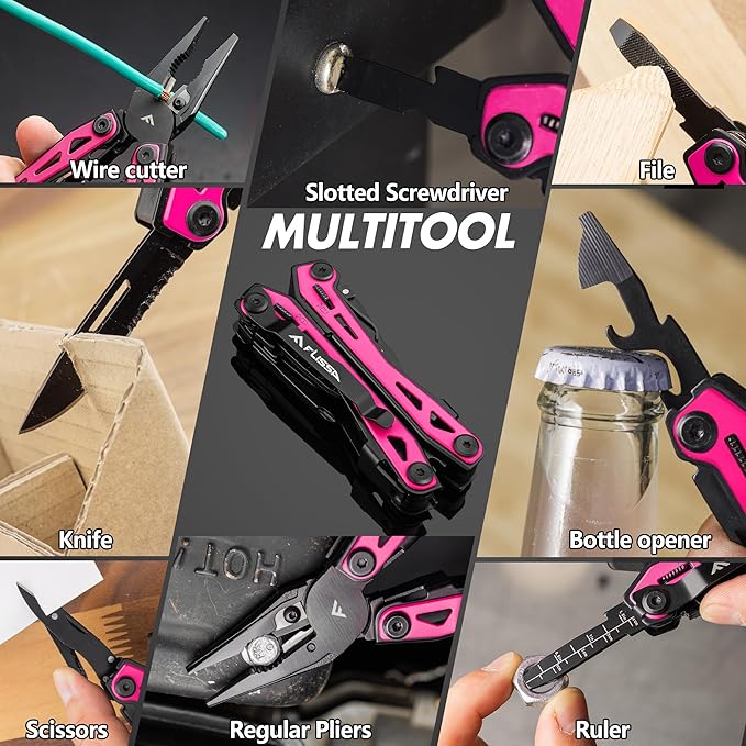 FLISSA 16-in-1 Pink Multi Tool Pliers, Gift for Father, Stainless Steel EDC Multitool with Pocket Knife, Belt Clip and Oxford Pouch, for Camping Survival Outdoor Activities