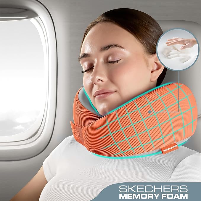 Skechers Memory Foam Neck Pillow, Comfortable & Breathable Travel Pillow, Neck Pillow Airplane for Travel, Car Rides, Home, and Office Use, Ergonomic Design for Men and Women,Orange